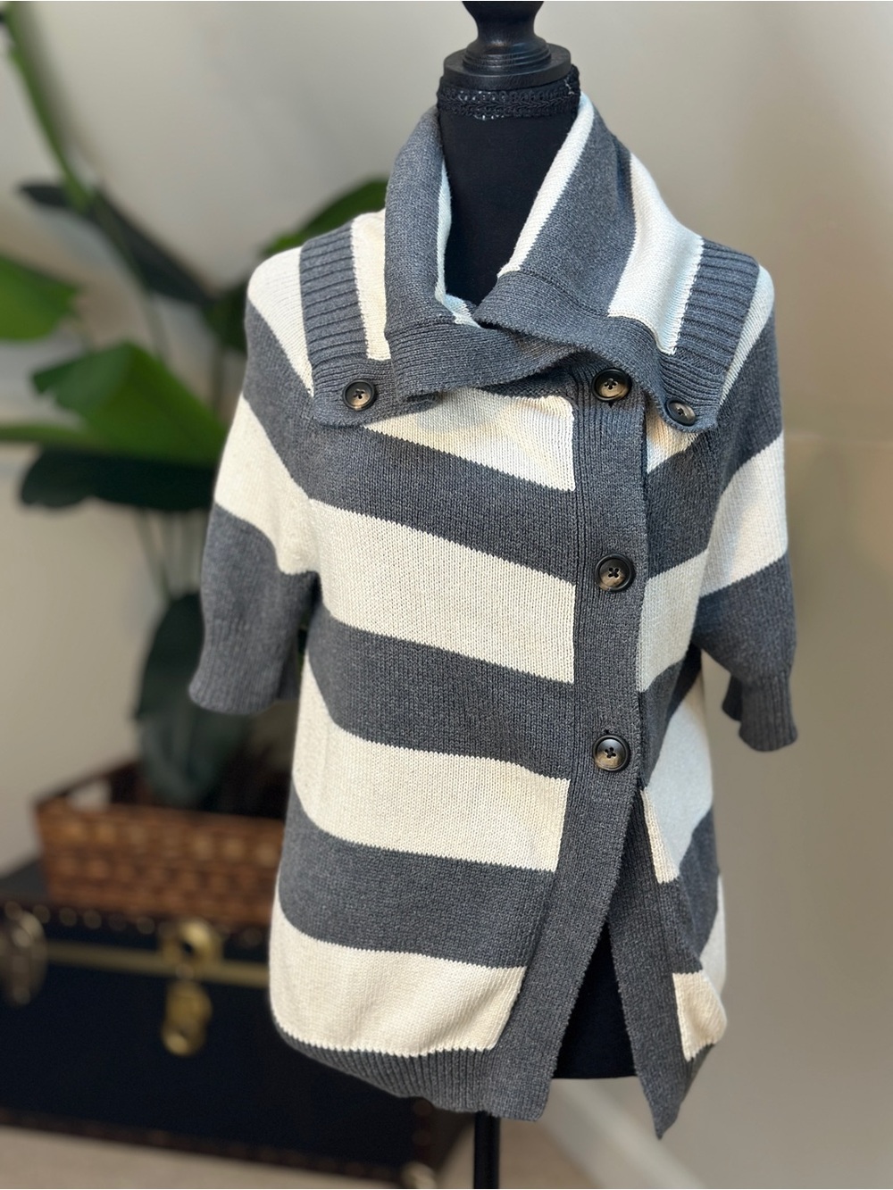 Vintage Y2K Hollister Asymmetrical Button Cowl Neck Striped Sweater S